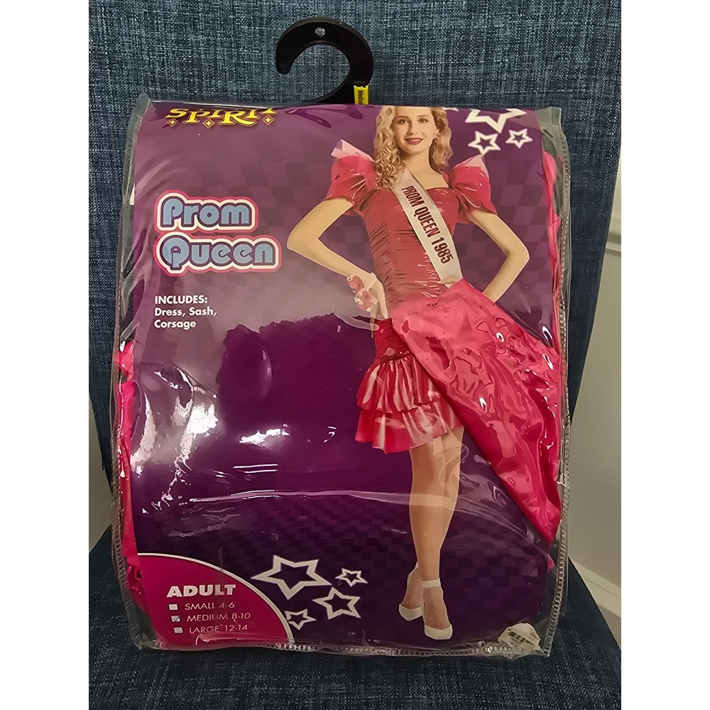 Spirit Halloween Prom Queen 1985 Costume Pink 80s Dress Sash Corsage Medium
